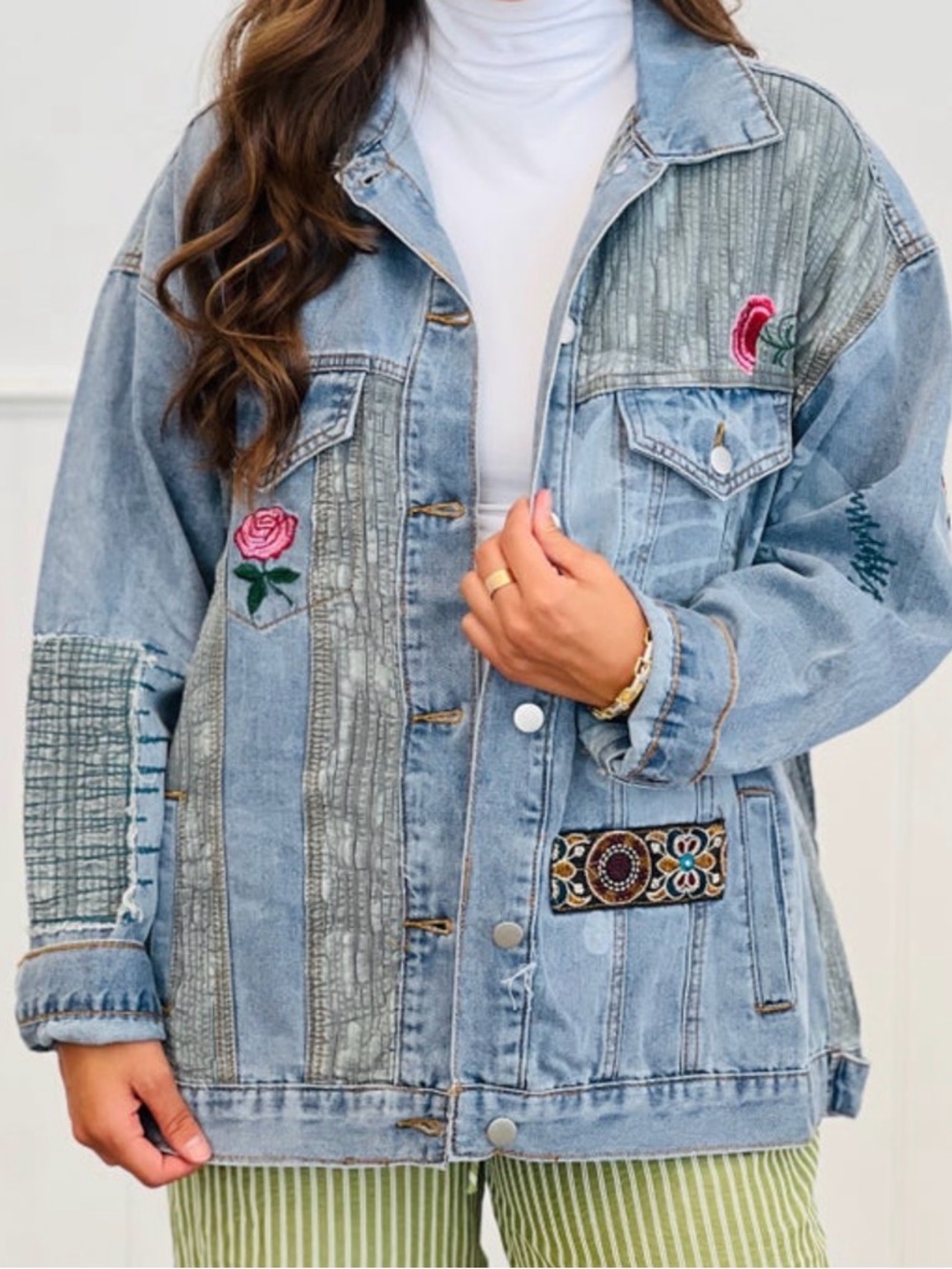 POL Embroidered Light Blue Denim Jacket with Floral Accents